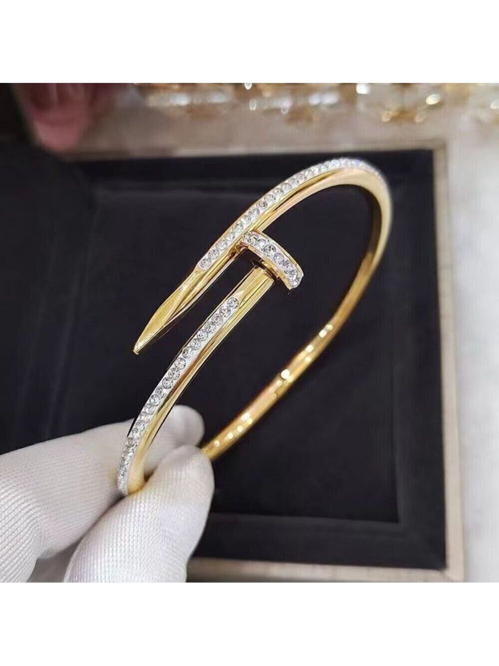 18K Gold Plated Stainless Steel Luxury Simulated Diamond Nail Bangle